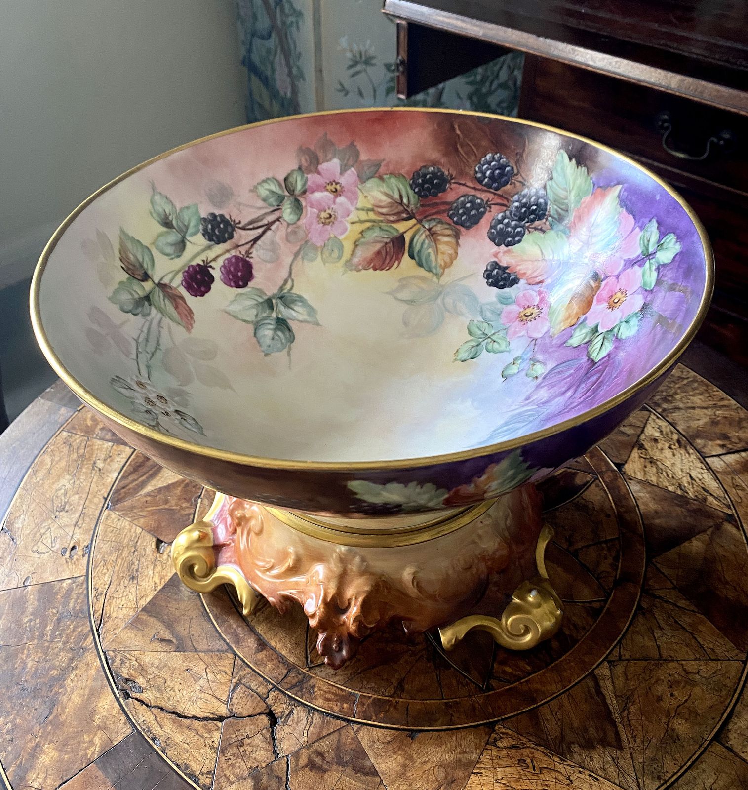 Magnificent Hand Painted, Artist Signed, Blackberries And Wild Roses, T&V Limoges French Punchbowl, 13” And Plateau photo furniture