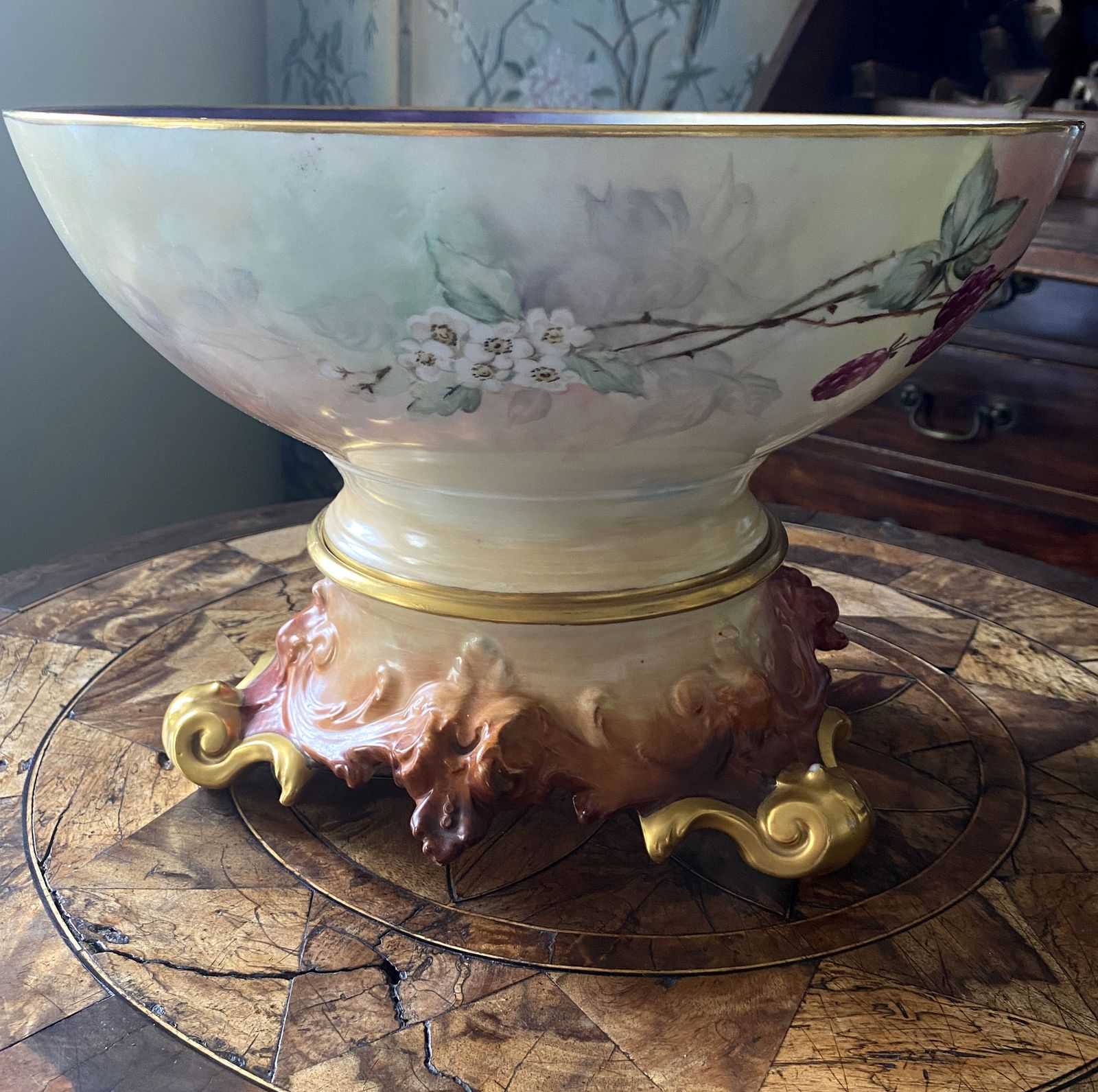 Magnificent Hand Painted, Artist Signed, Blackberries And Wild Roses, T&V Limoges French Punchbowl, 13” And Plateau photo vintage