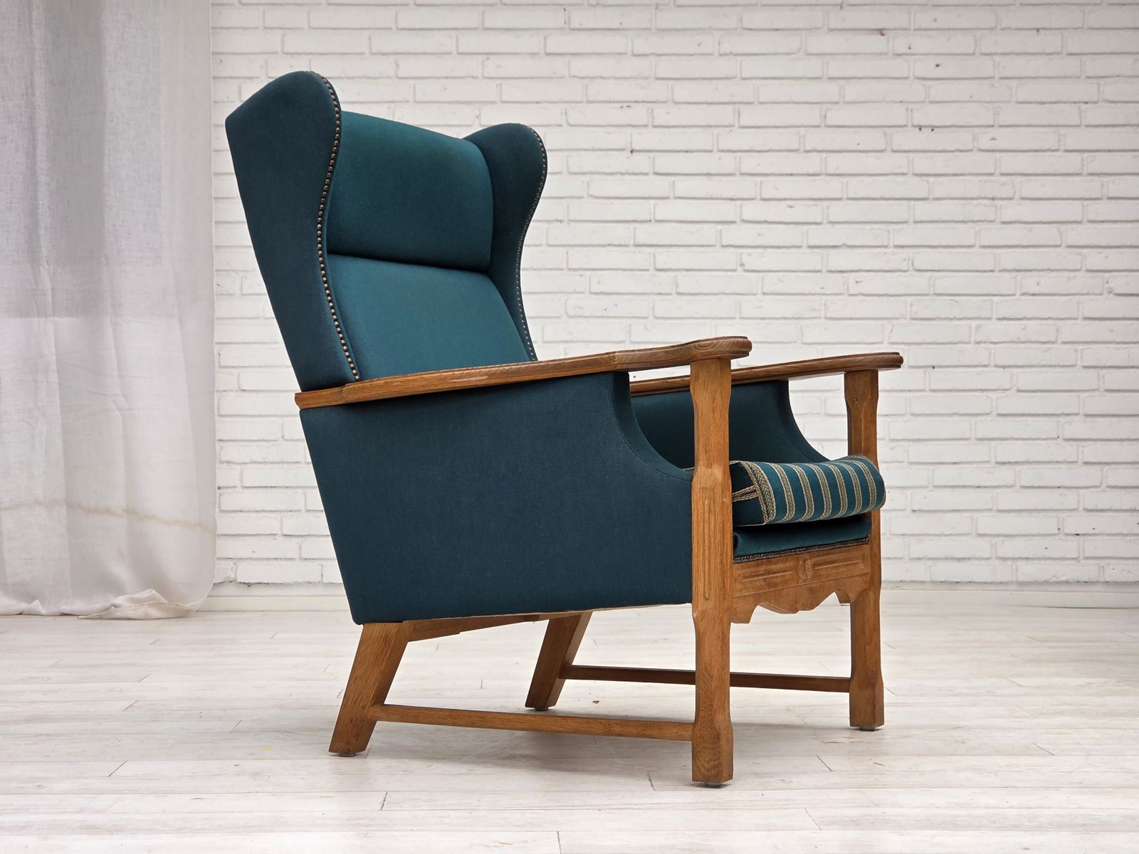 1970s, Danish Highback Armchair, Turkis Green Furniture Wool, Solid Oak Wood. photo buy