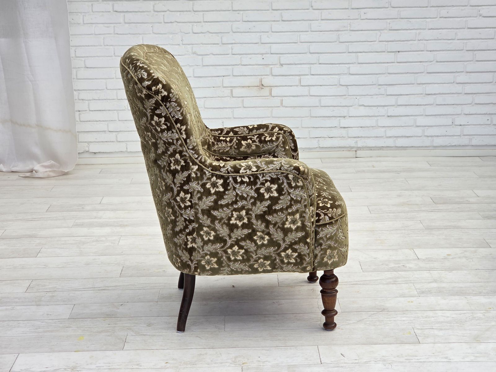 photo for sale 1950s, Danish Armchair, Green Furniture Velour, Ash Wood Legs.