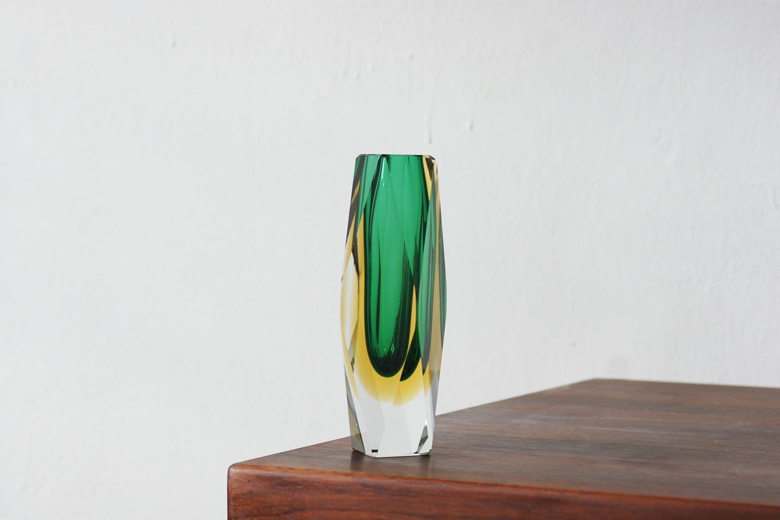 Green And Amber Sommerso Glass Faceted Vase