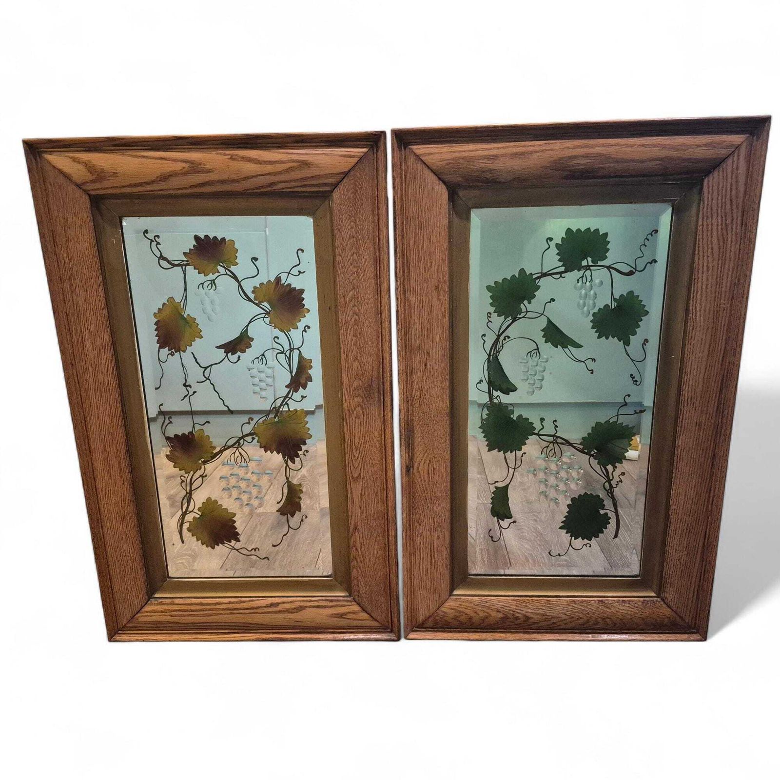 Antique Victorian Reverse Painted Mirror – Oak Frame Vine Design, Decorative Wall Mirror, 19th Century Home Decor