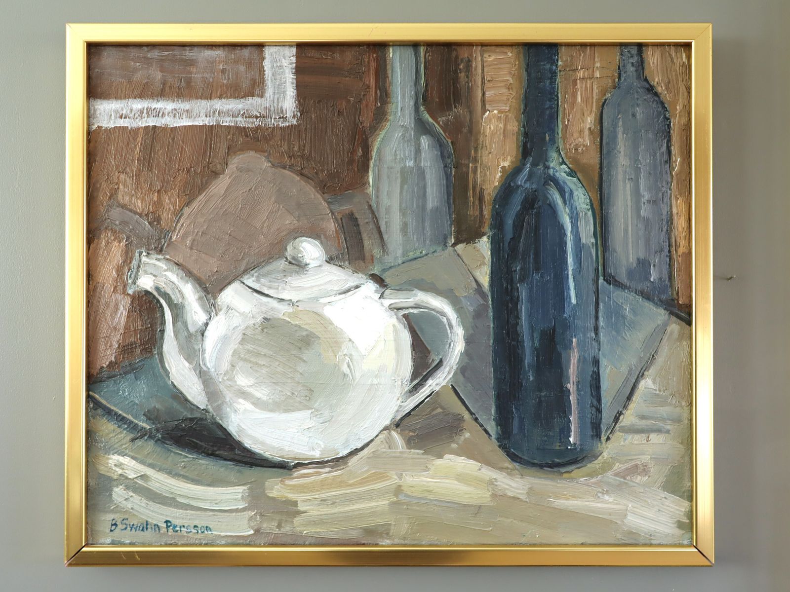 Teapot & Bottles Oil Painting, Mid 20th Century