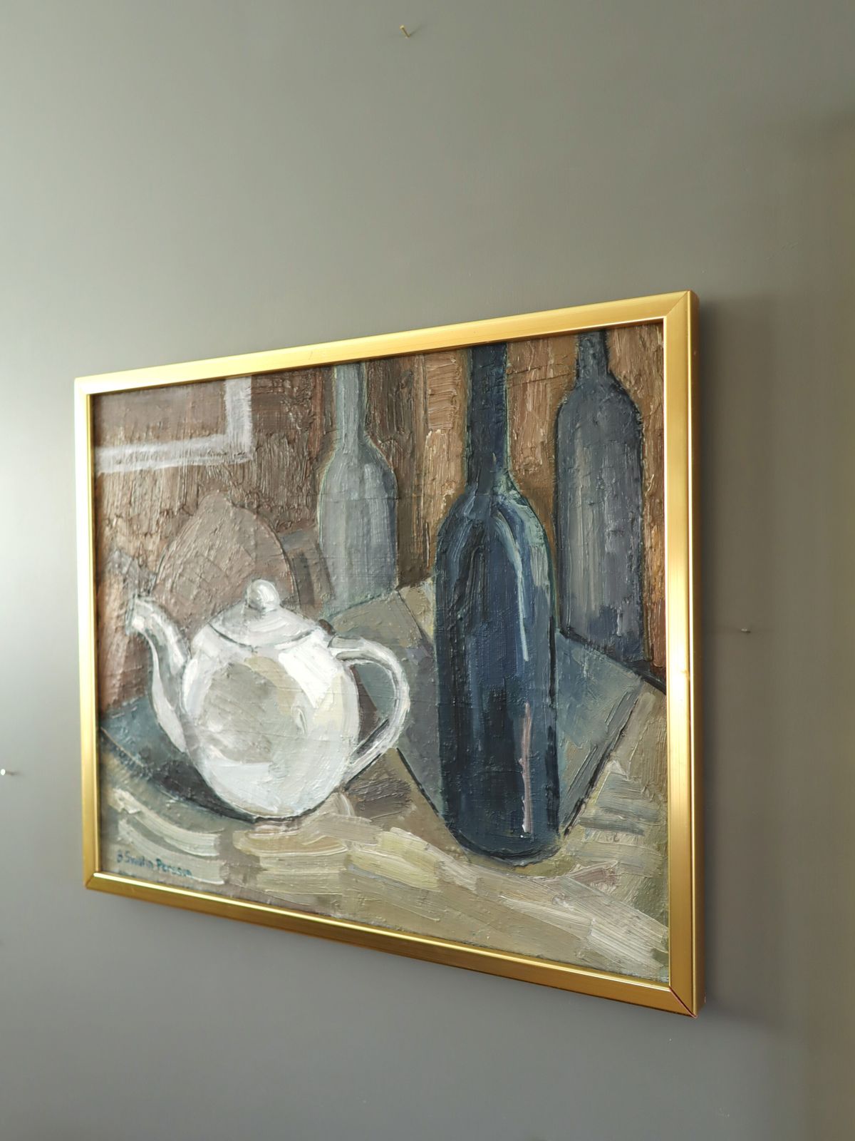 Teapot & Bottles Oil Painting, Mid 20th Century photo vinterior