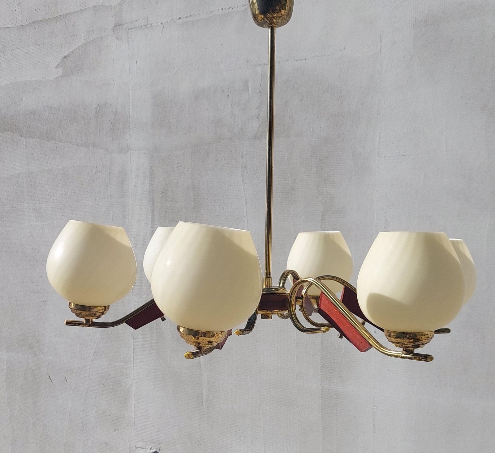 Mid Century Brass Chandelier, 6 Arm Cream Glass Ceiling Light, Vintage Wood & Brass Pendant Lamp, Retro Lighting Fixture