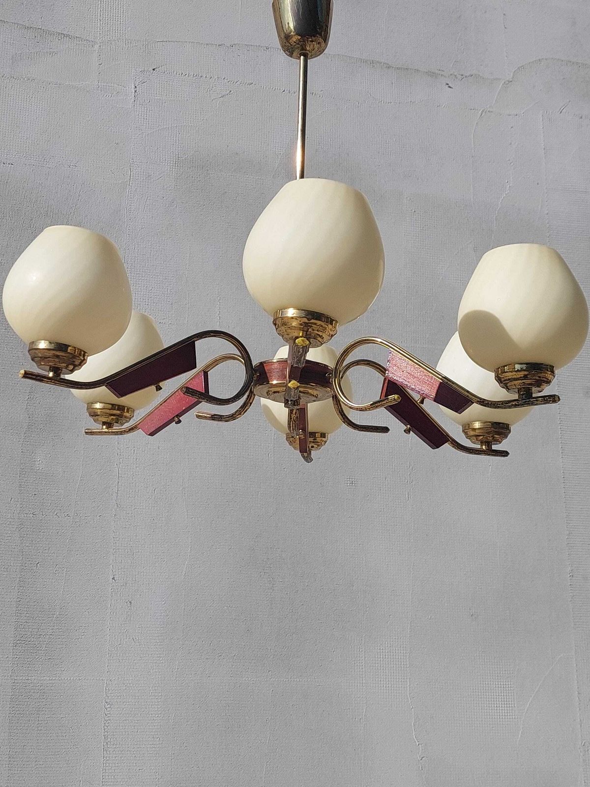 photo furniture Mid Century Brass Chandelier, 6 Arm Cream Glass Ceiling Light, Vintage Wood & Brass Pendant Lamp, Retro Lighting Fixture