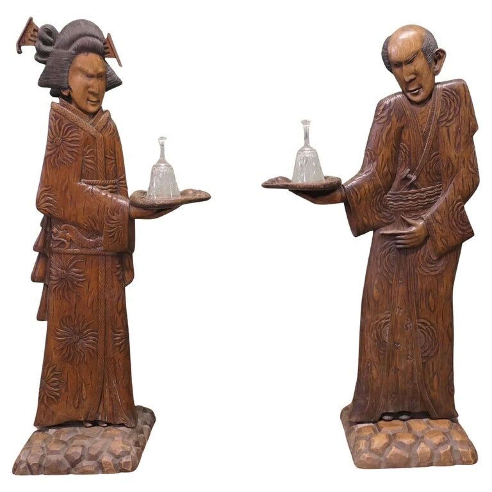 Pair Of Tall Carved Japanese Figures Dumb Waiters Or Card Butler