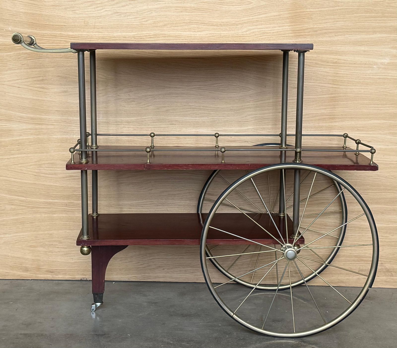 Mid Century Mahogany Wood And Brass Italian Serving Bar Cart, 1960s. Three Level photo furniture