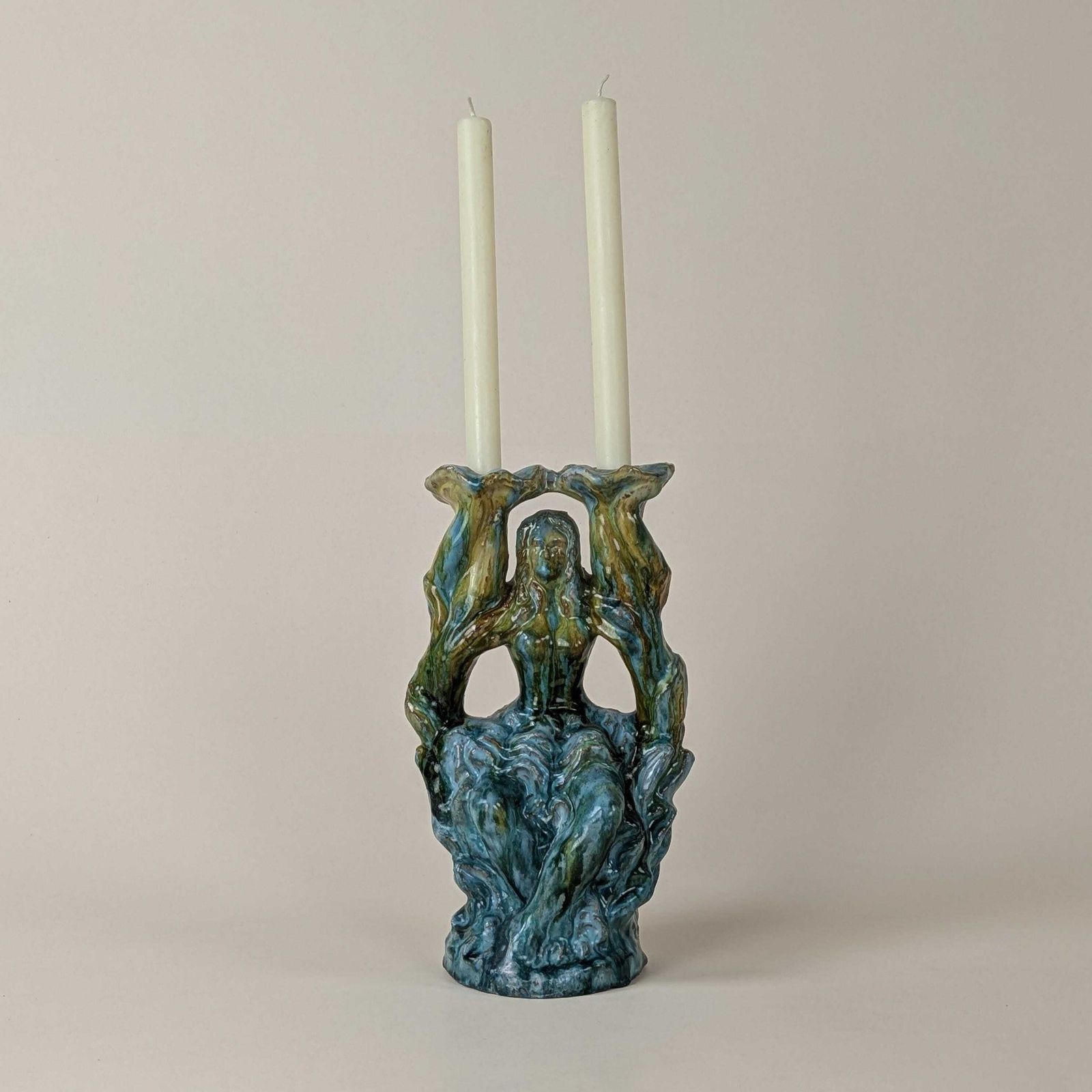 Figural French Candelabra, Glazed Red Earthenware Turquoise And Ochre Drip Glaze Candlestick Holder