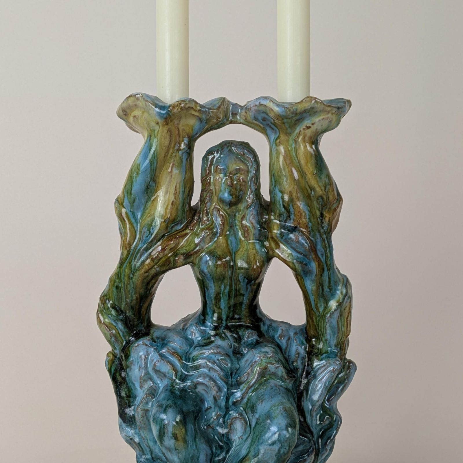 Figural French Candelabra, Glazed Red Earthenware Turquoise And Ochre Drip Glaze Candlestick Holder photo for sale