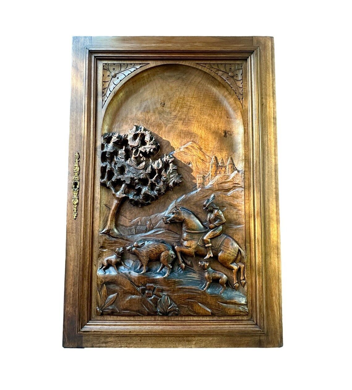 19th French Carved Walnut Door Hunting Scene Bas Relief With Horse Dogs And Boars Antique Wood Panel Architectural Art