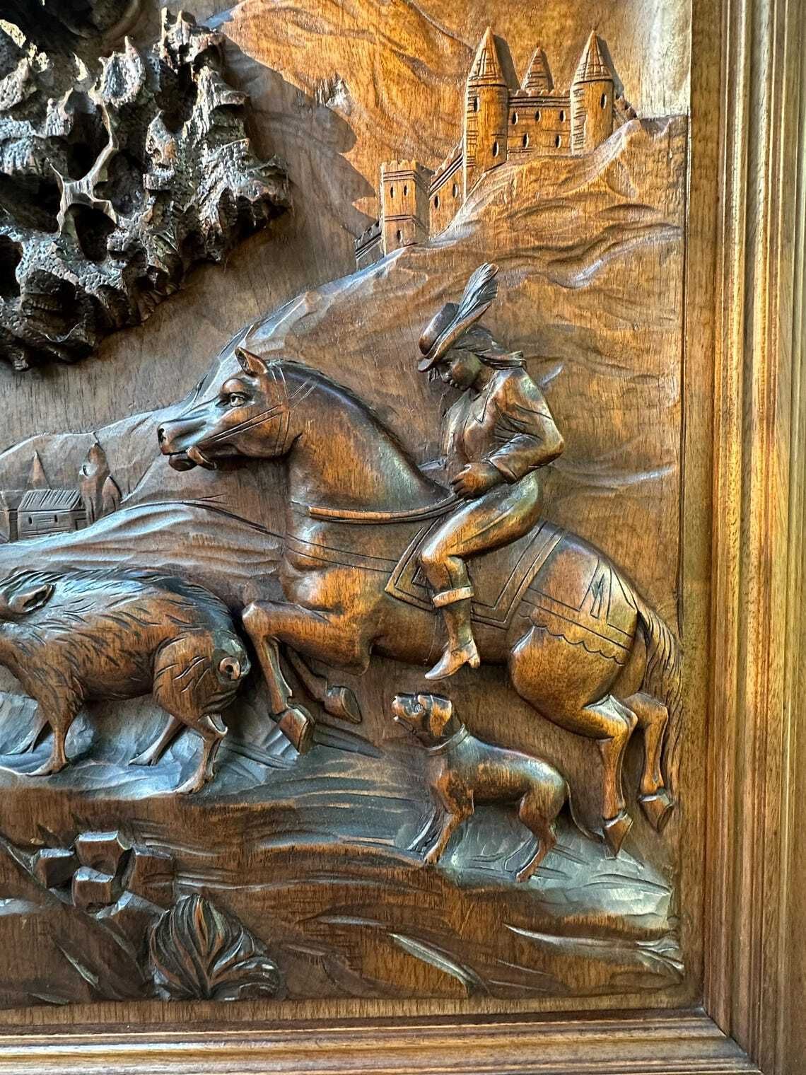 19th French Carved Walnut Door Hunting Scene Bas Relief With Horse Dogs And Boars Antique Wood Panel Architectural Art photo furniture