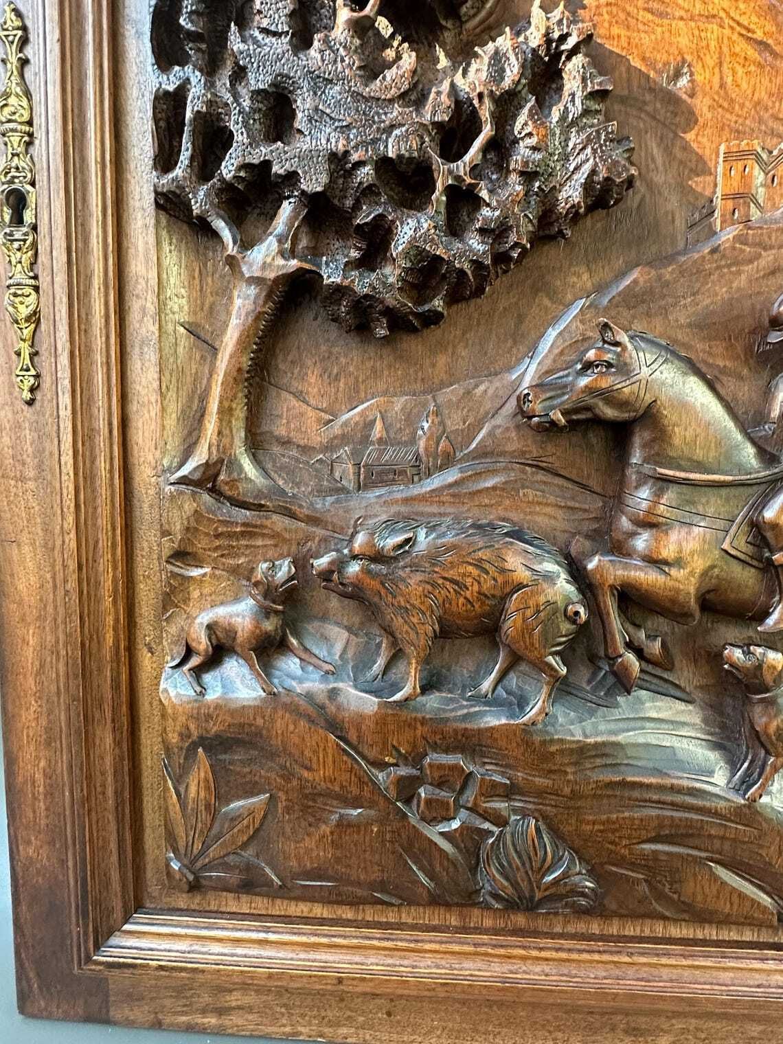 19th French Carved Walnut Door Hunting Scene Bas Relief With Horse Dogs And Boars Antique Wood Panel Architectural Art photo for sale