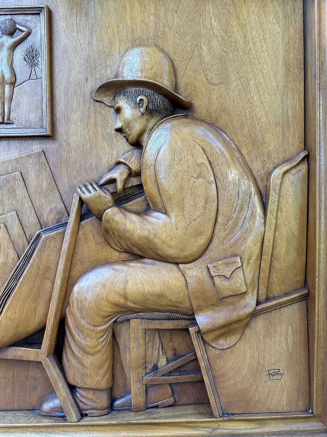 French Wood Relief Sculpture Signed Remy French Carved Walnut Panel Artist At Work 1950s–1960s Architectural Art photo furniture