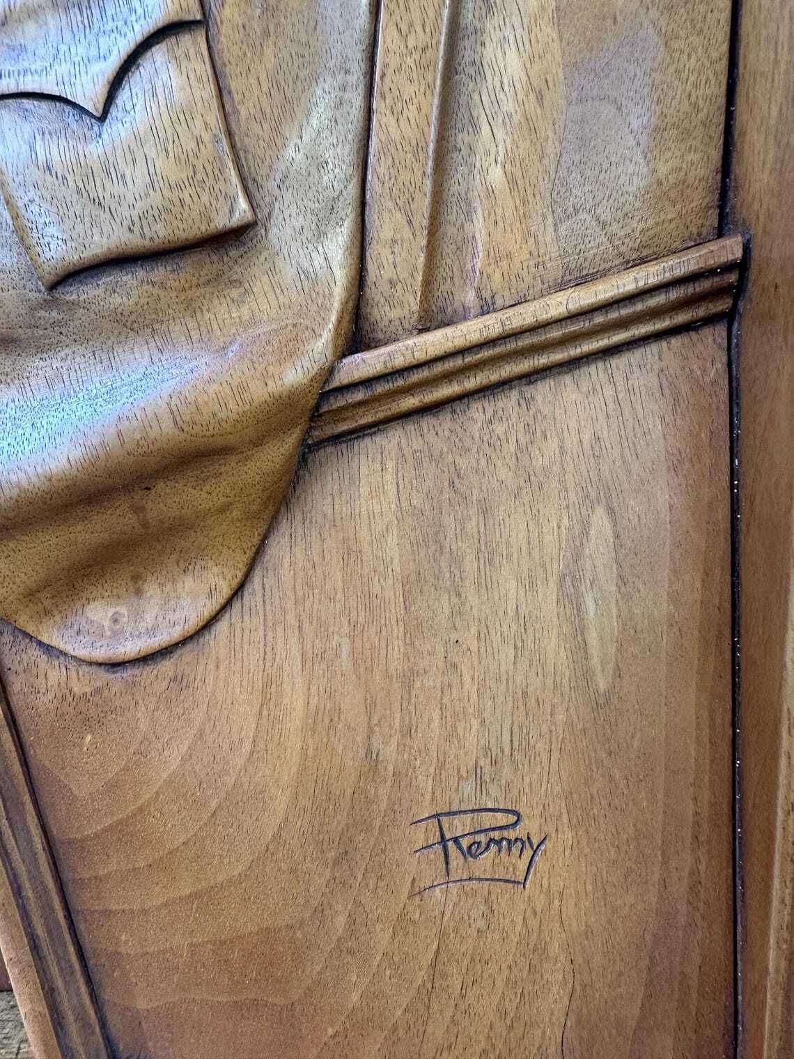 French Wood Relief Sculpture Signed Remy French Carved Walnut Panel Artist At Work 1950s–1960s Architectural Art photo vinterior