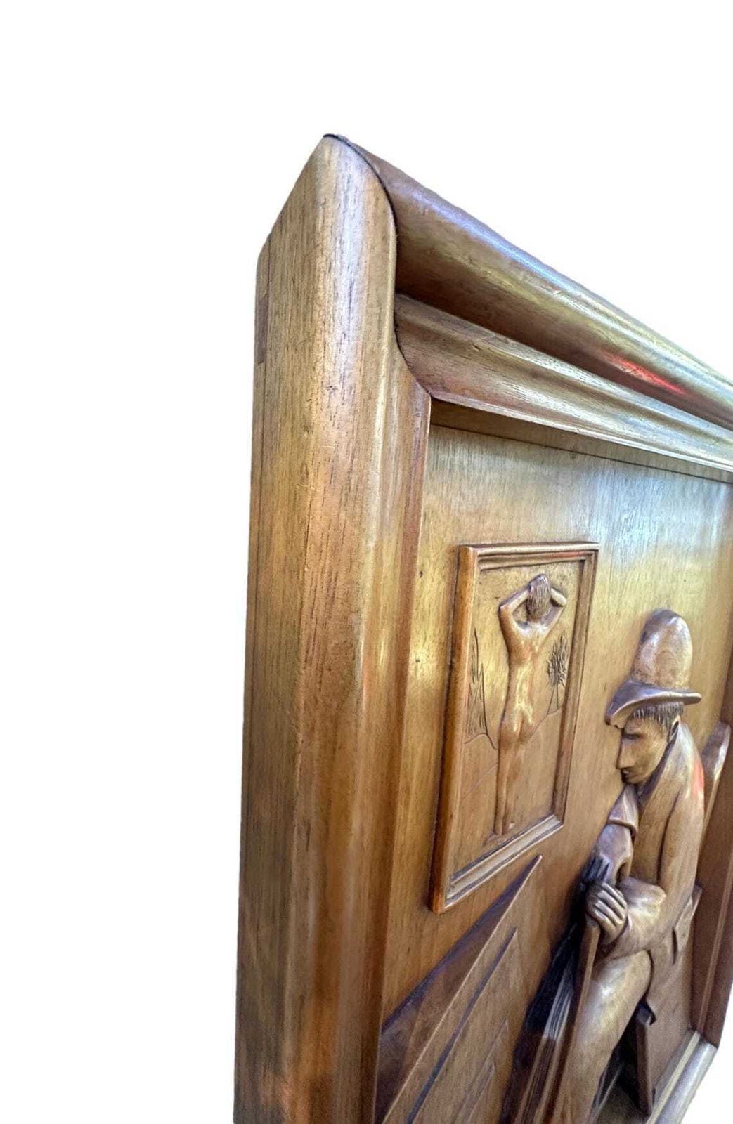 French Wood Relief Sculpture Signed Remy French Carved Walnut Panel Artist At Work 1950s–1960s Architectural Art photo vintage