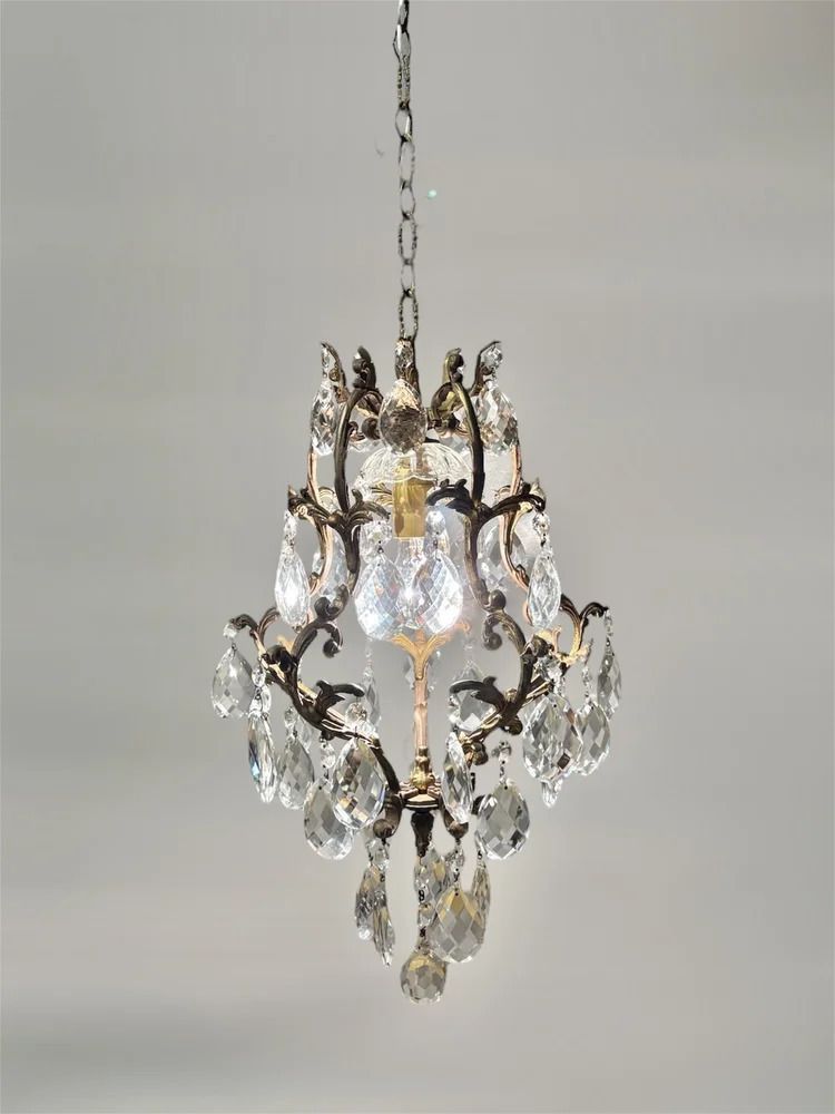 Italian Brass Cage Chandelier With Bohemian Crystals photo furniture