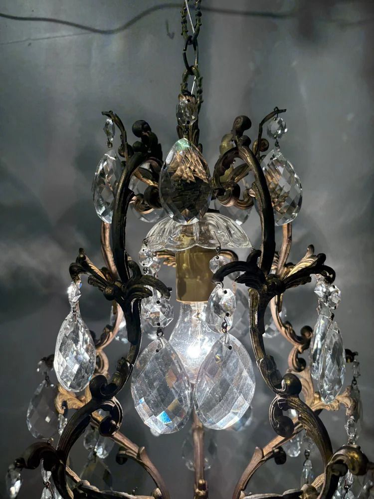 photo furniture Italian Brass Cage Chandelier With Bohemian Crystals