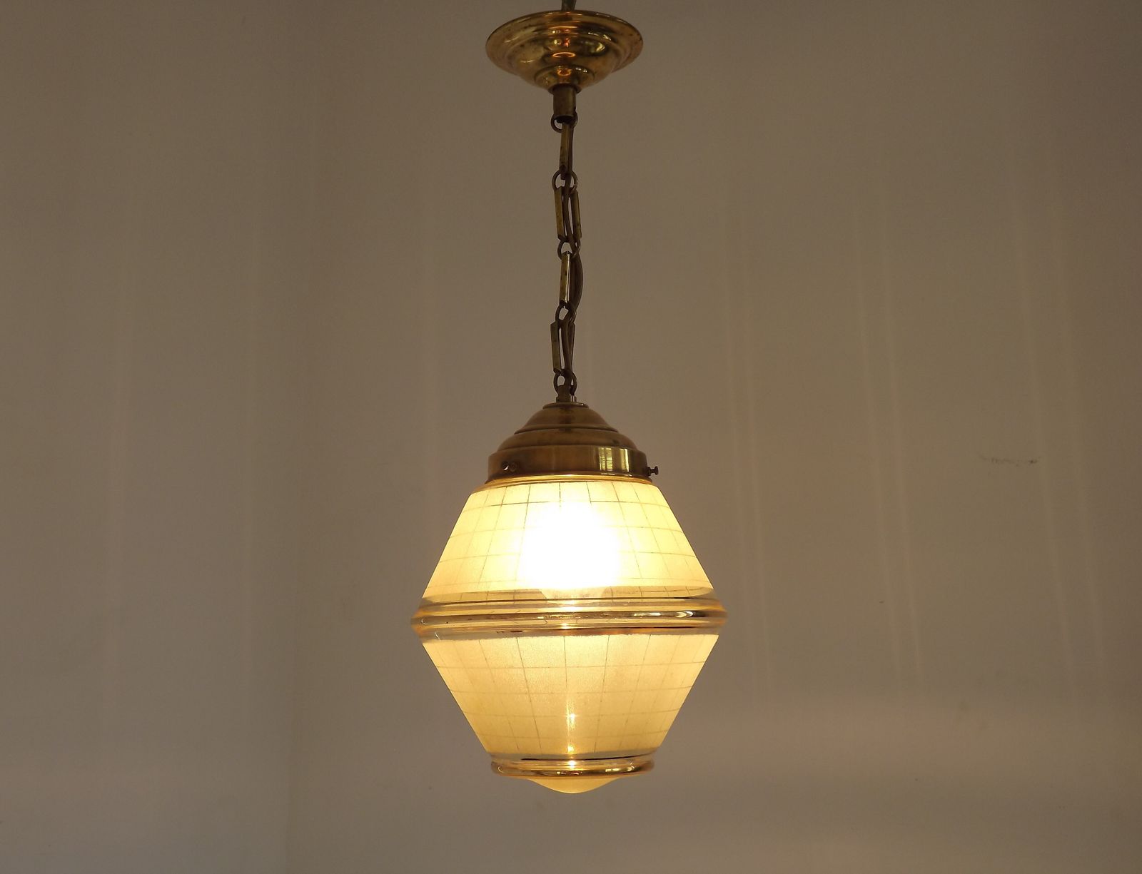 French Yellow & Gold Art Deco Glass Shade Ceiling Light With Brass Fittings photo Lighting