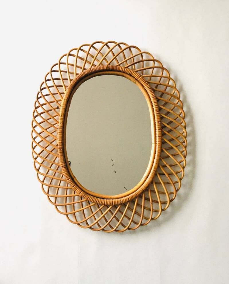 Midcentury Modern Boho Design Bamboo Oval Mirror By Franco Albini For Bonacina, Italy 1960's photo for sale