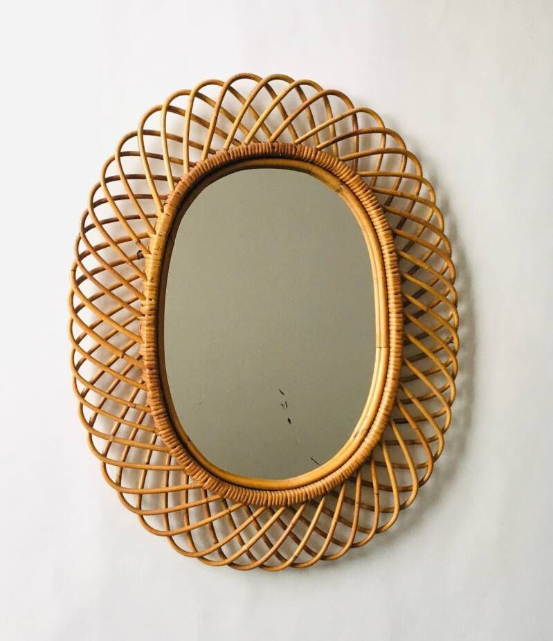 Midcentury Modern Boho Design Bamboo Oval Mirror By Franco Albini For Bonacina, Italy 1960's photo 900.0