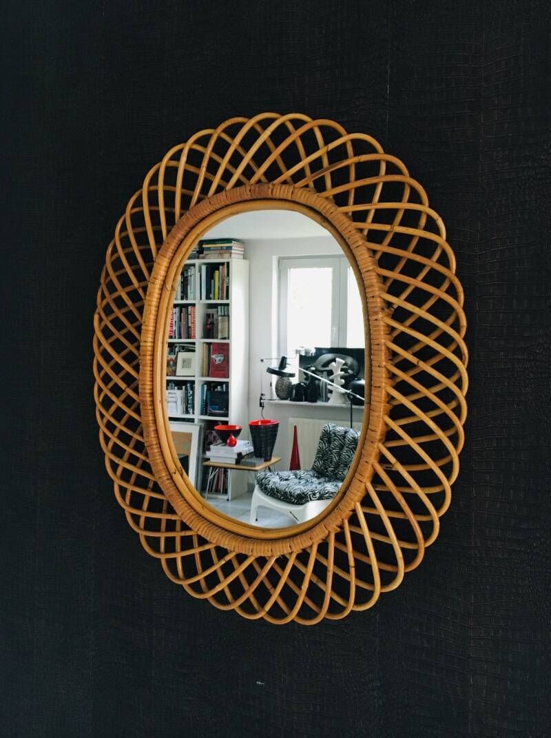 Midcentury Modern Boho Design Bamboo Oval Mirror By Franco Albini For Bonacina, Italy 1960's photo vinterior