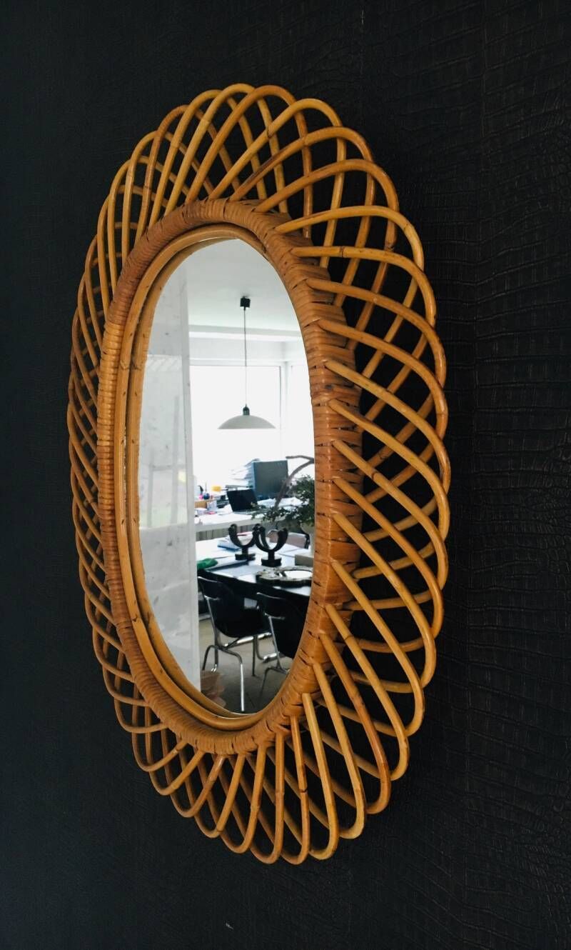 900.0 Midcentury Modern Boho Design Bamboo Oval Mirror By Franco Albini For Bonacina, Italy 1960's photo