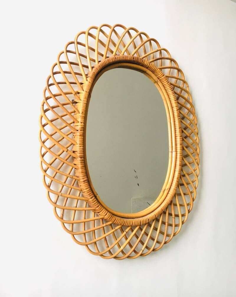 photo vinterior Mid Century Modern Boho Design Bamboo Ovale Spiegel Van Franco Albini Voor Bonacina, Italië, Ca. Jaren 1960