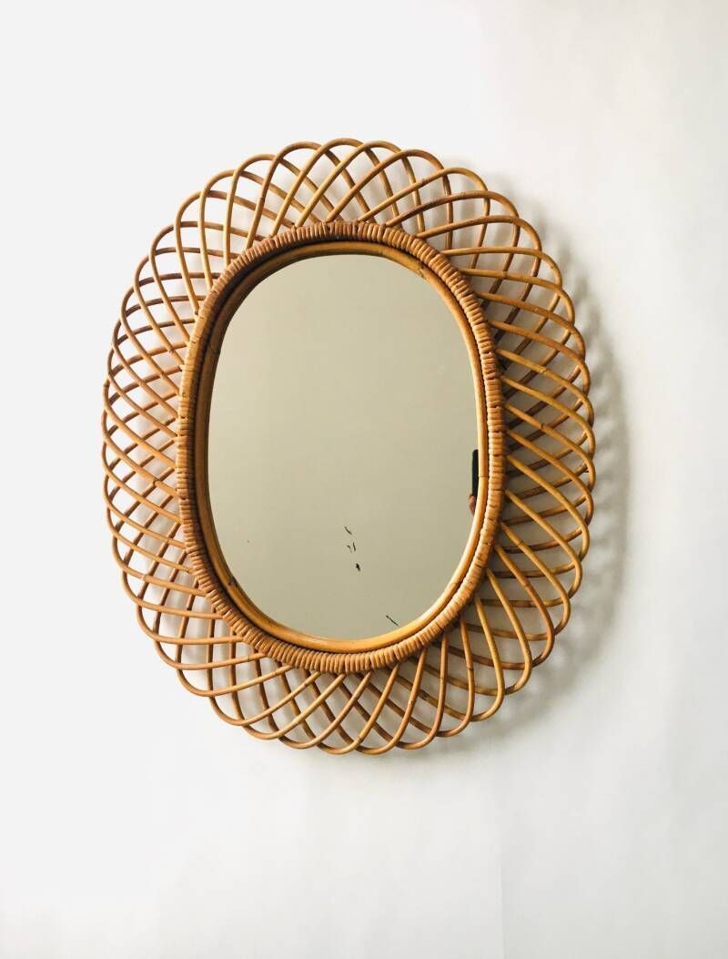 photo vintage Midcentury Modern Boho Design Bamboo Oval Mirror By Franco Albini For Bonacina, Italy 1960's