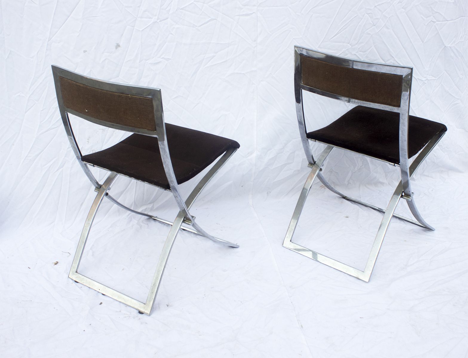 photo furniture Stylish Pair Of 1970s Marcello Cuneo Luisa Folding Chairs – Italian Chrome With Luxe Brown Velvet