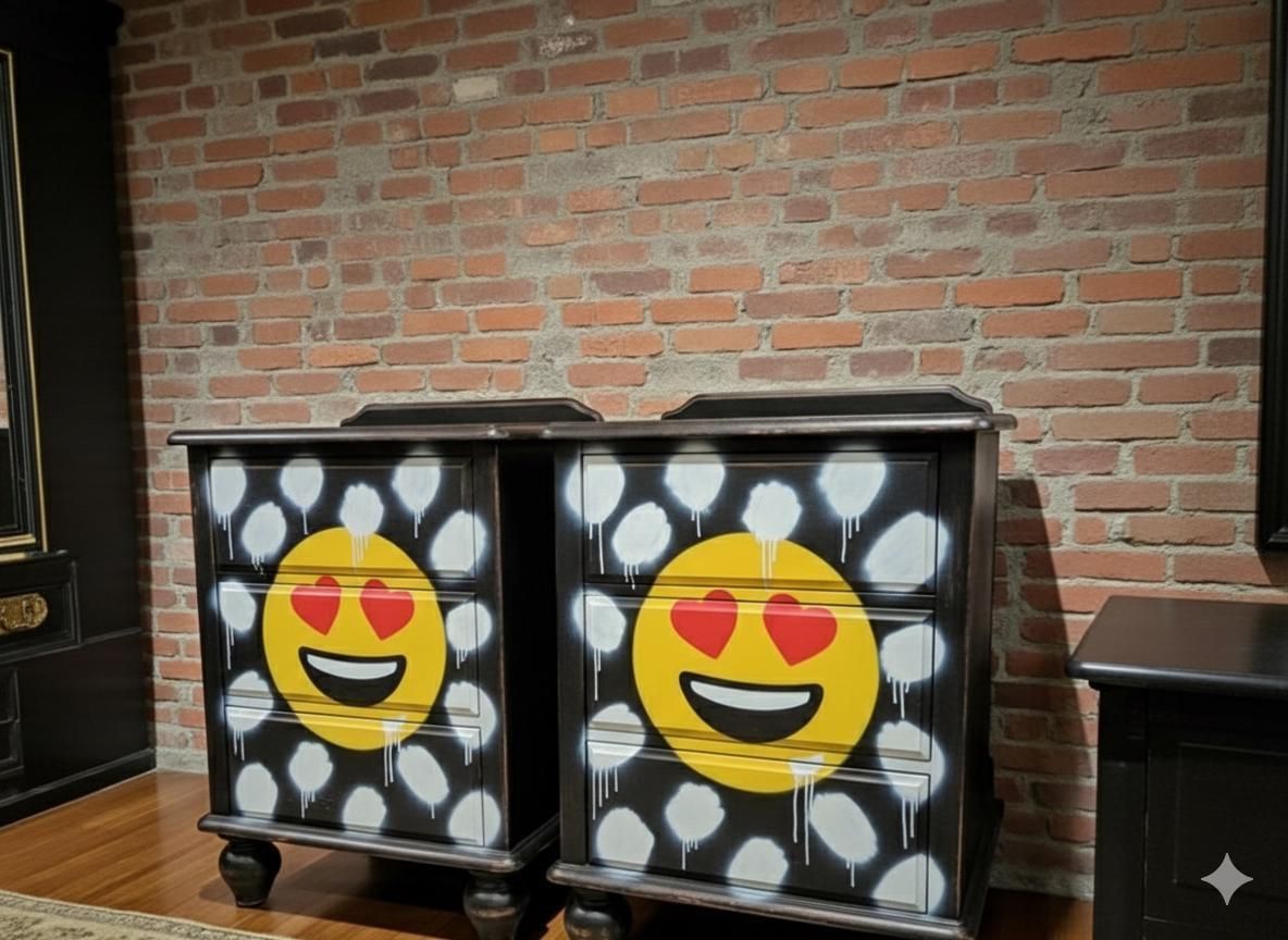 Hand Painted Graffiti Nightstand Pair   Pop Art Heart Emoji Dresser   Upcycled Street Art Urban Bedroom Furniture