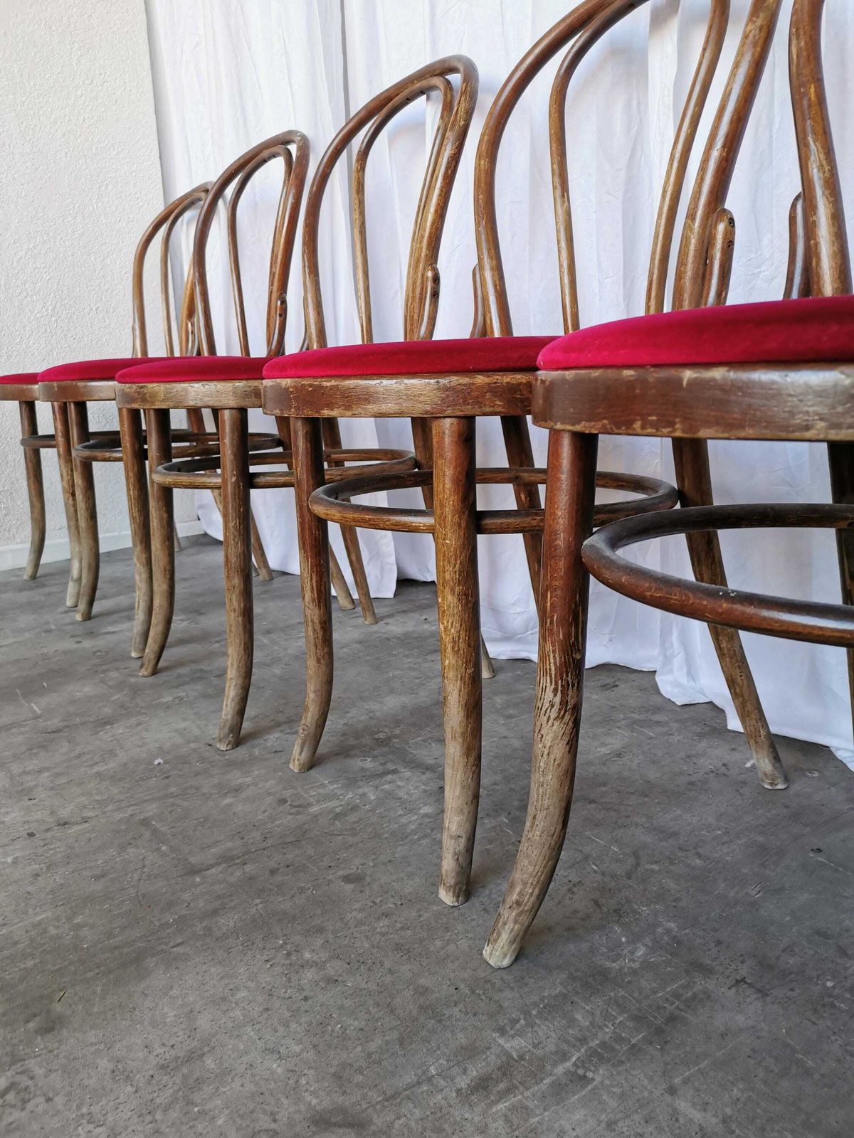 1 Of 20 Vintage Bentwood Dining Chairs Set: 1970s Thonet Style, Red Upholstery photo for sale