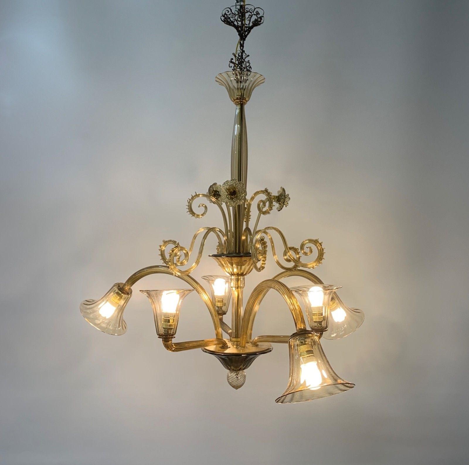 Vintage Amber Murano Glass Chandelier Attributed To Seguso Company photo vinterior