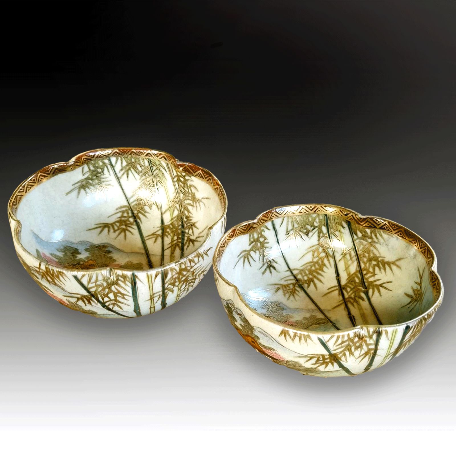 Japanese Satsuma Pair Of Bowls By Bizan Late Meiji Superb Quality 12cm D photo for sale