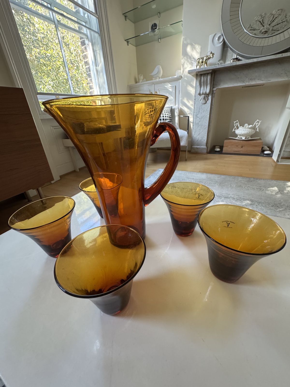 Vintage 1950's Amber Hand Blown Glass Pitcher And Glasses Set