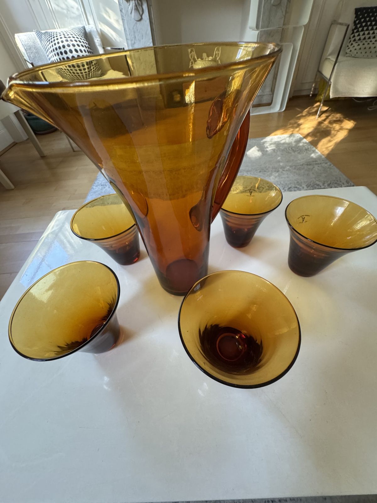 Vintage 1950's Amber Hand Blown Glass Pitcher And Glasses Set photo Home Decor