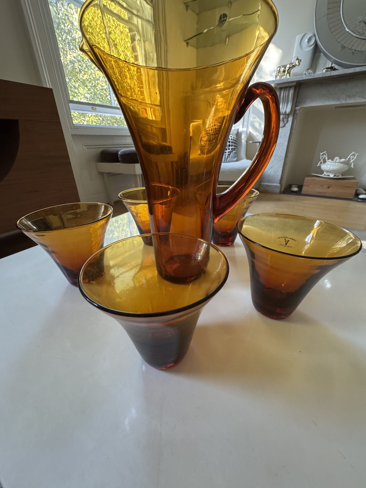 Vintage 1950's Amber Hand Blown Glass Pitcher And Glasses Set photo 120.0