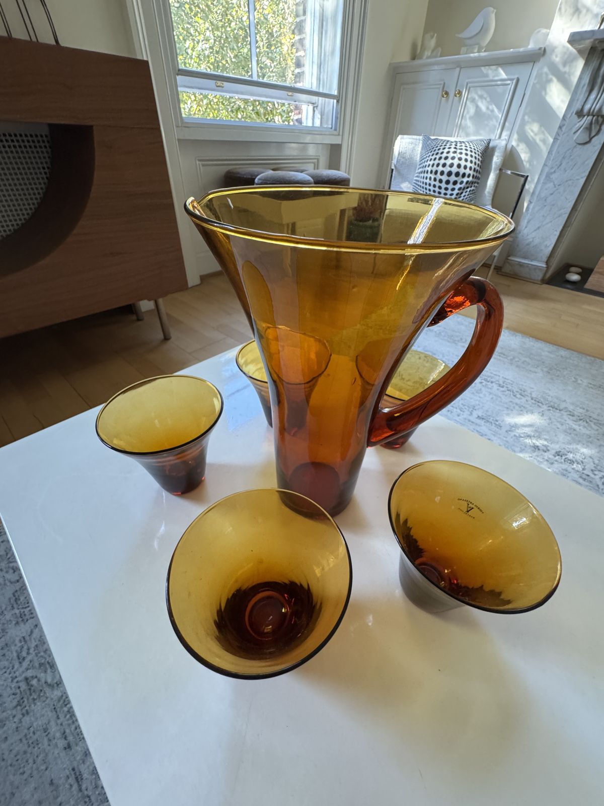 Vintage 1950's Amber Hand Blown Glass Pitcher And Glasses Set photo buy