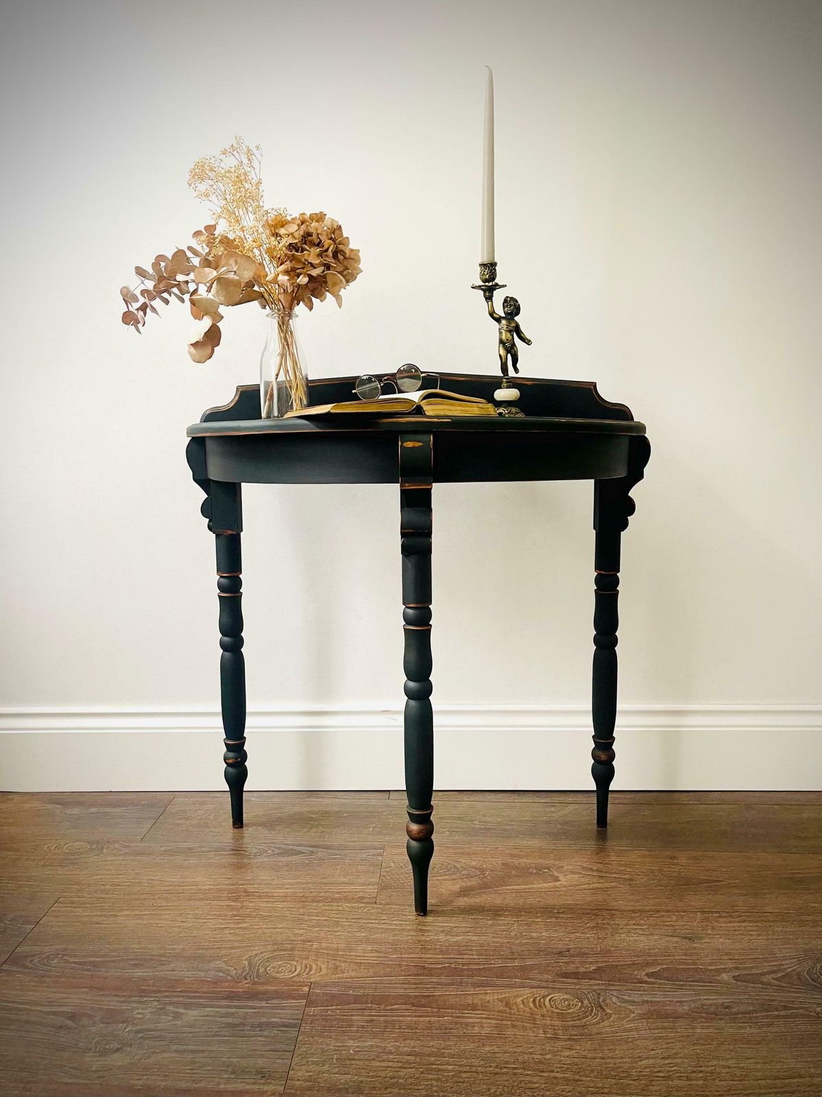Vintage French Style Half Moon Table Hand Pained With Black Chalk Paint, Waxed And Finished With Copper Finishing Wax.