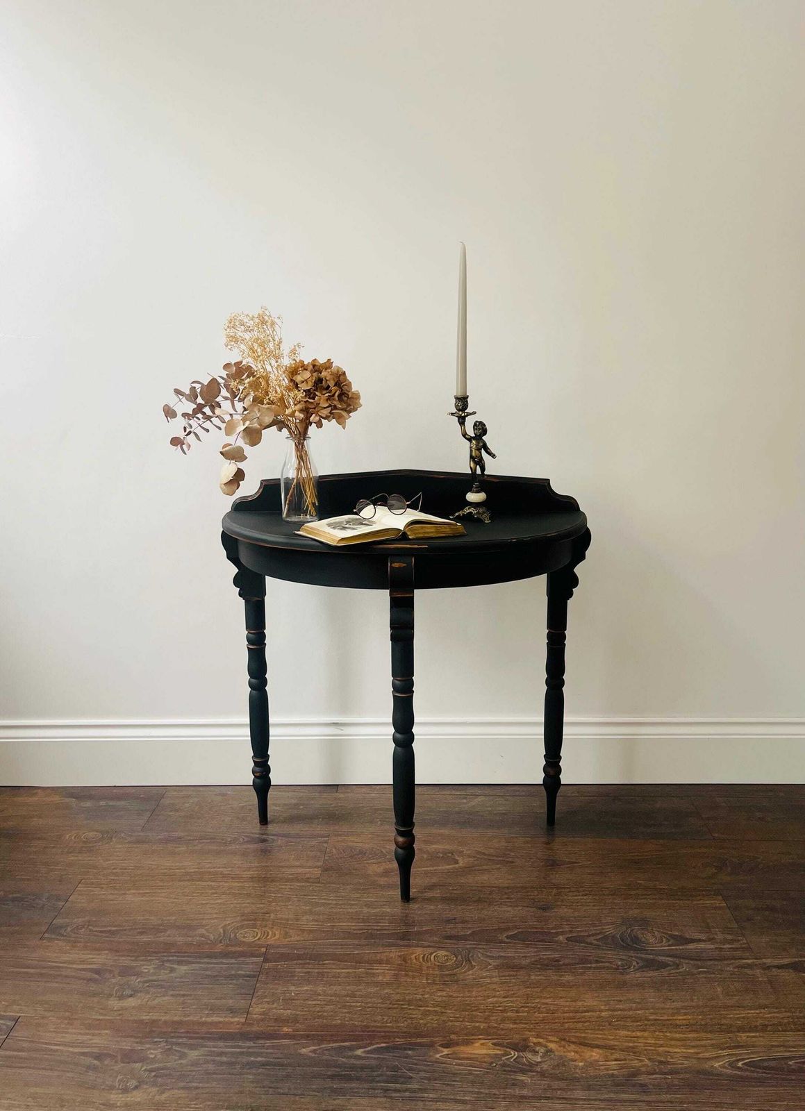 Vintage French Style Half Moon Table Hand Pained With Black Chalk Paint, Waxed And Finished With Copper Finishing Wax. photo furniture