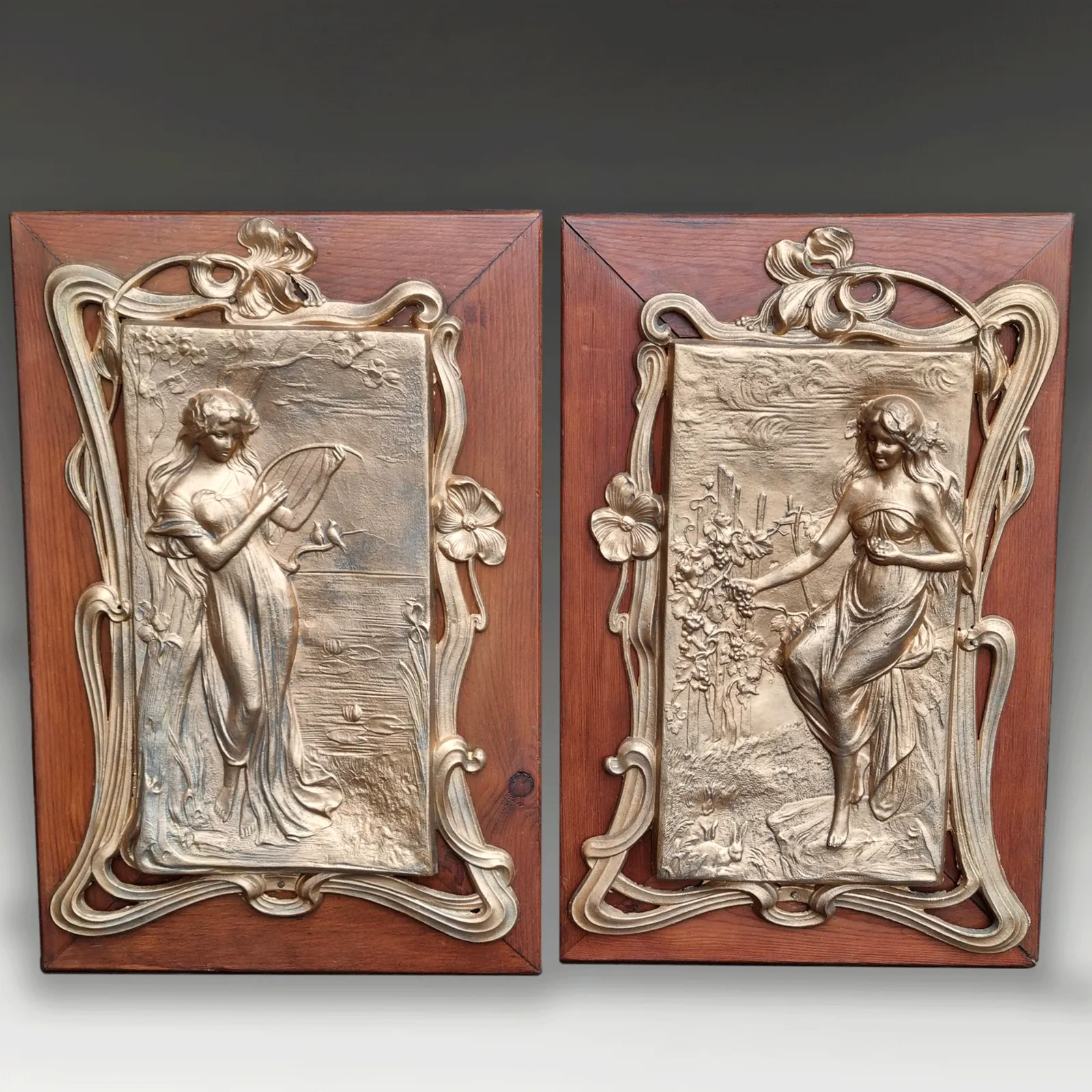 Pair Of Art Nouveau Gilded Pewter Plaques In Frames  Lovely Quality  C1895 43cmh