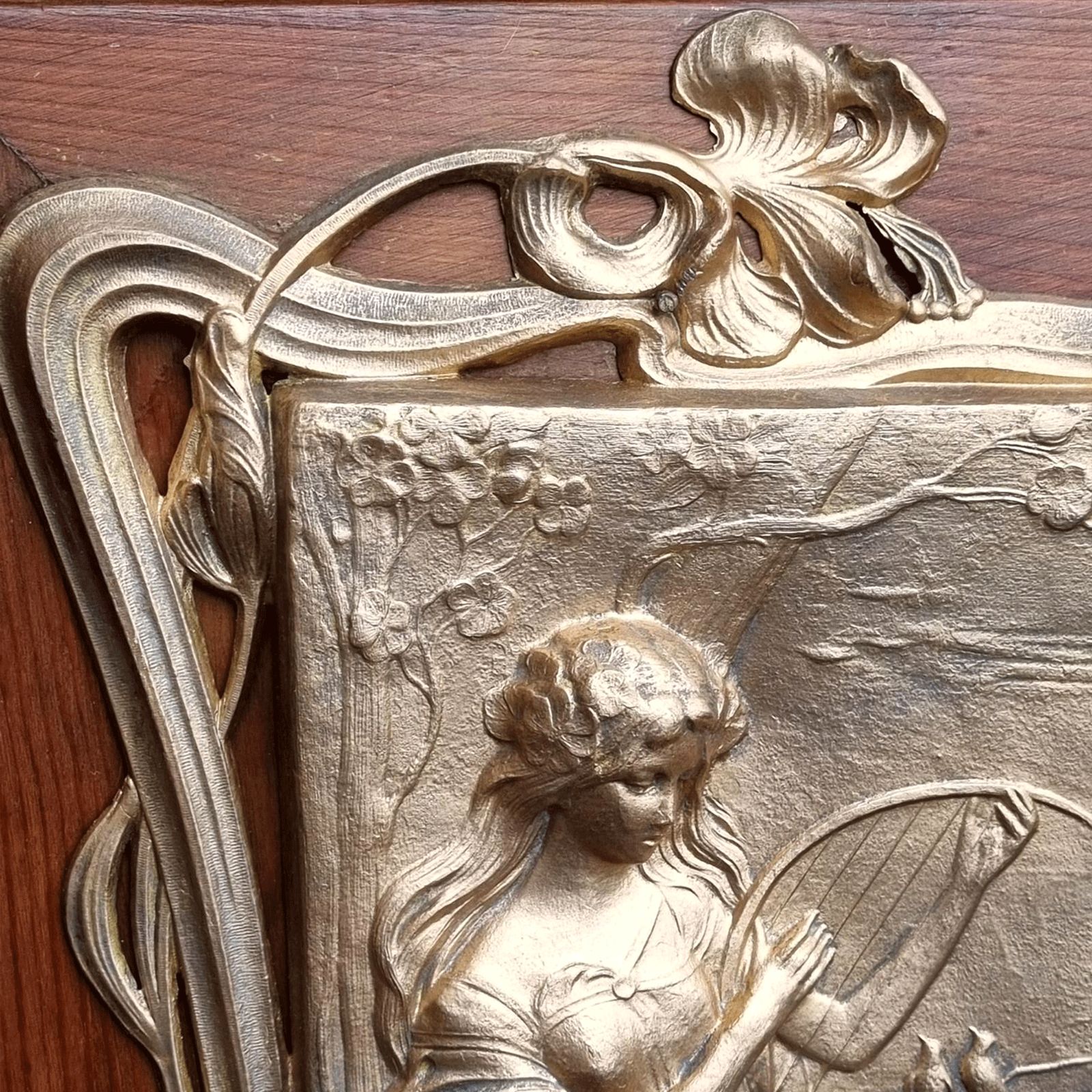 Pair Of Art Nouveau Gilded Pewter Plaques In Frames  Lovely Quality  C1895 43cmh photo vintage