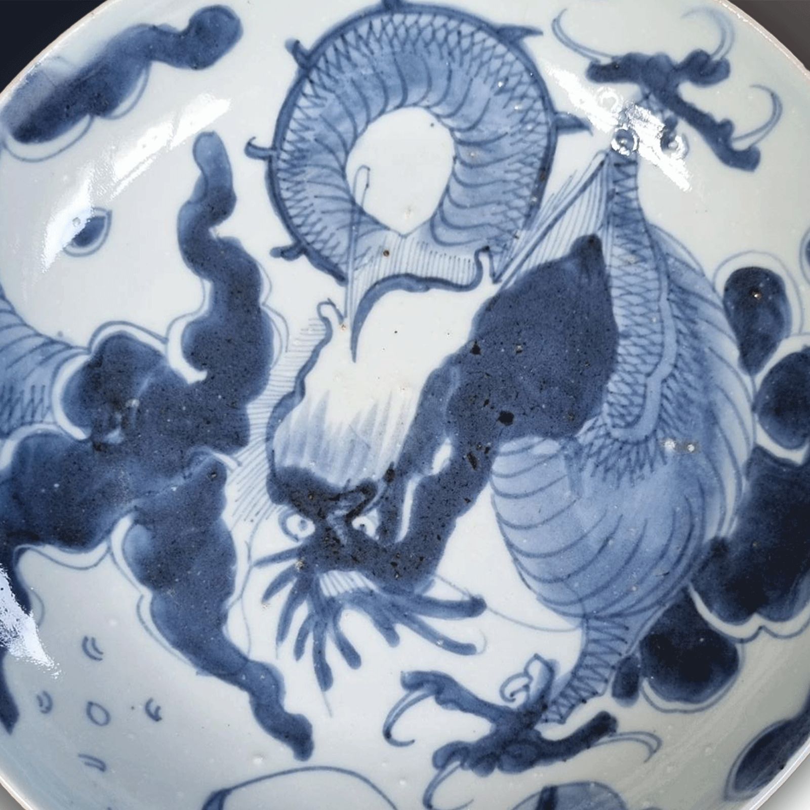 Late Ming Dragon Plate  17th C  Underglaze Cobalt Blue & White  Superb 20cm W photo for sale