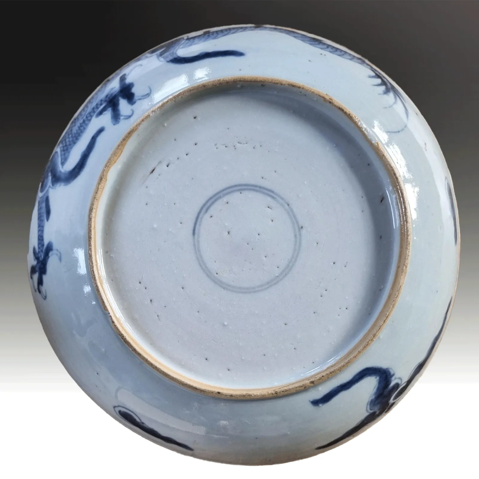 Late Ming Dragon Plate  17th C  Underglaze Cobalt Blue & White  Superb 20cm W photo vinterior