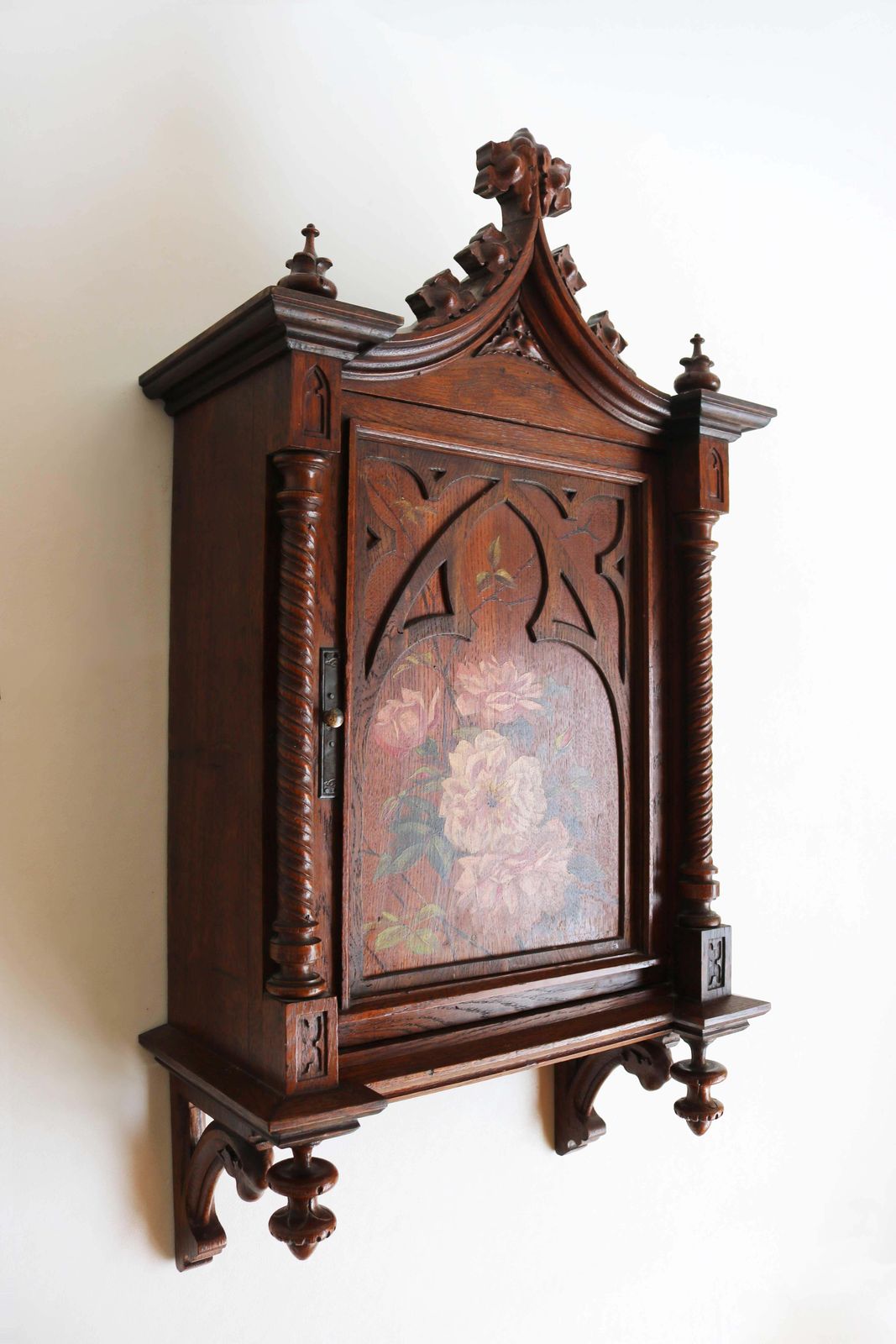 photo furniture Antique Small Wall Cabinet Gothic Revival Hand Carved Oak Painted Twist Church