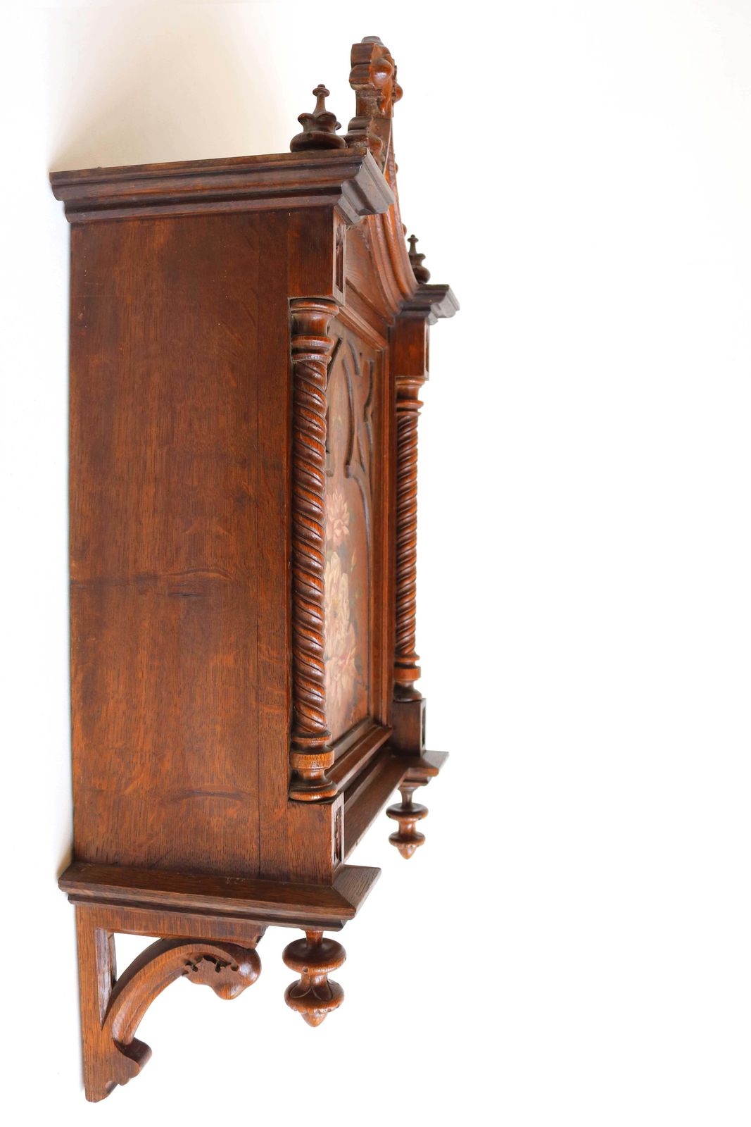 Furniture Antique Small Wall Cabinet Gothic Revival Hand Carved Oak Painted Twist Church photo