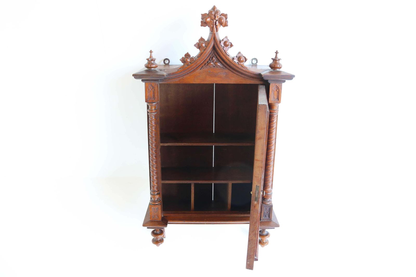 3112.0 Antique Small Wall Cabinet Gothic Revival Hand Carved Oak Painted Twist Church photo