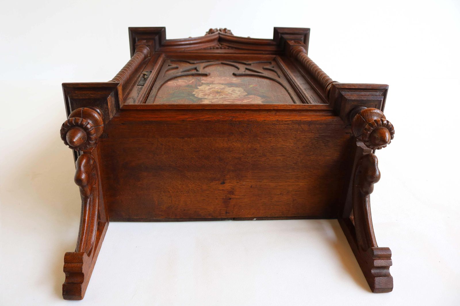 photo vinterior Antique Small Wall Cabinet Gothic Revival Hand Carved Oak Painted Twist Church