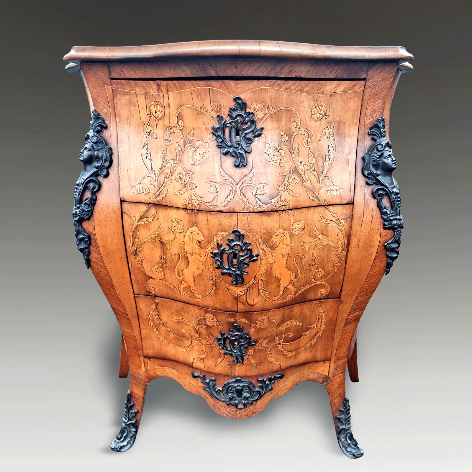 Venetian Serpentine Marquetry Cabinet With Dark Bronze Ormolu Mounts Circa 1820