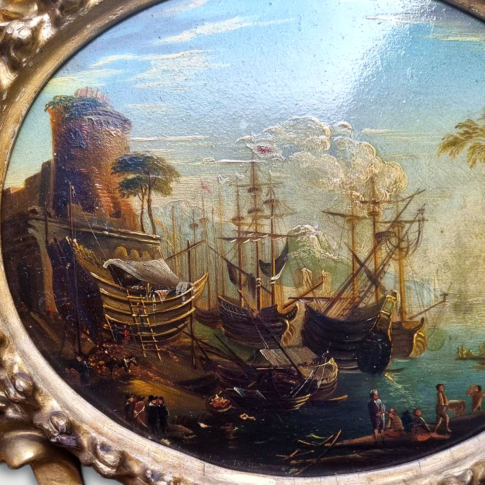 Follower Of Salvator Rosa (1615 1673) Habour Scene At Sunset   Oil On Board photo for sale